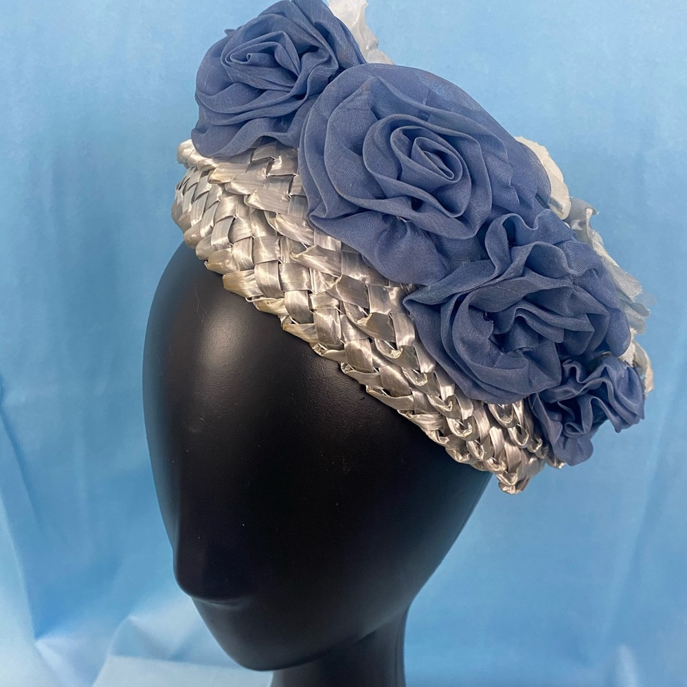 Vintage Blue Floral & Wicker Hat